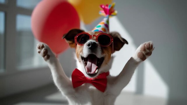 A humorous, joyful scene featuring a small dog (Jack Russell Terrier type) dressed in colorful party accessories. The dog stands upright with its front paws raised high in the air