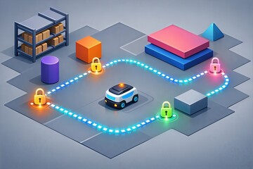 Obraz premium Advanced Autonomous Delivery Robot Navigating Secured Pathway with Colorful Obstacles, Optimizing Warehouse Operations and Enhancing Supply Chain Efficiency