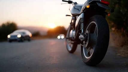Close-up low-angle shot of the rear wheel of a classic-style motorcycle parked on an asphalt road at sunset. The camera is positioned very close to the ground, capturing the tread - Powered by Adobe