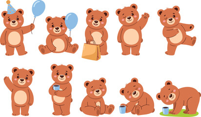 Fototapeta premium Cartoon bears, playful poses, party bear, waving bear, balloon, blue cup, sleeping bear, vector art, children design, cute animals