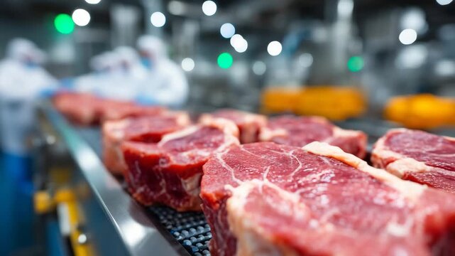 Raw beef steaks on conveyor line in meat processing plant food industry production concept