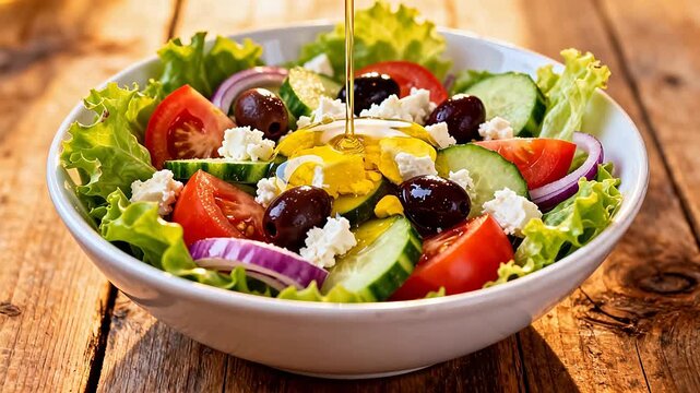 Greek salad with olive oil pouring