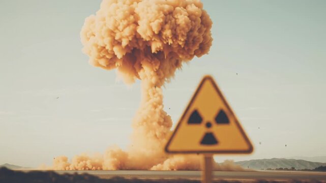 4k video of a nuclear explosion with a radiation sign.