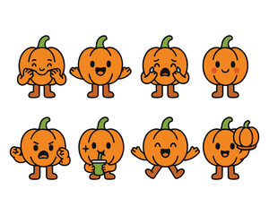 Naklejka premium Set of spooky Halloween jack o' lantern pumpkin icons featuring orange cartoon faces and scary evil expressions for autumn holiday celebration vector illustration design