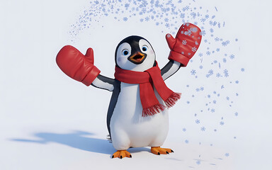 A cute penguin wearing a red scarf and mittens enjoys falling snowflakes