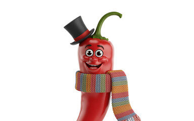 A cheerful red chili pepper cartoon character wearing a top hat and scarf, isolated on white background.
