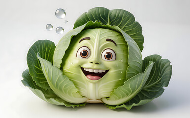 A cheerful cartoon cabbage character with a big smile and fresh green leaves