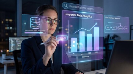 A photograph of an analyst interacting with a holographic dashboard. The analyst's hand, holding a stylus, is touching a virtual button on a floating screen. 