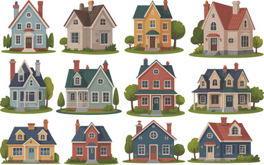 Naklejka premium Illustrated houses, residential styles, colorful homes, architectural diversity, suburban design, vector art, landscaping, porches, chimneys, dormer windows, trees