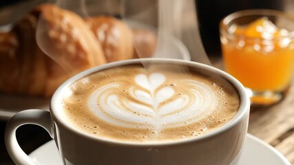 A closeup shot of a steaming hot cup of cappuccino with beautiful heartshaped latte art creating a warm and inviting atmosphere for a delightful morning breakfast or a relaxing coffee break accompani.