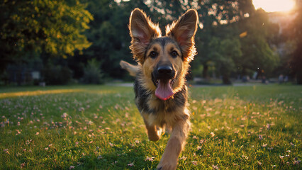 german shepherd dog running. Joyful German Shepherd Puppy Running Energetically in Sunny Park Meadow at Sunset