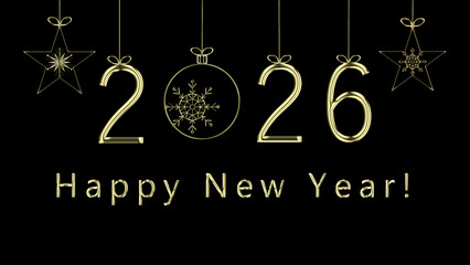 New Years's Ornaments 2026. New Year's greetings card with gold ornaments and text on black background.
