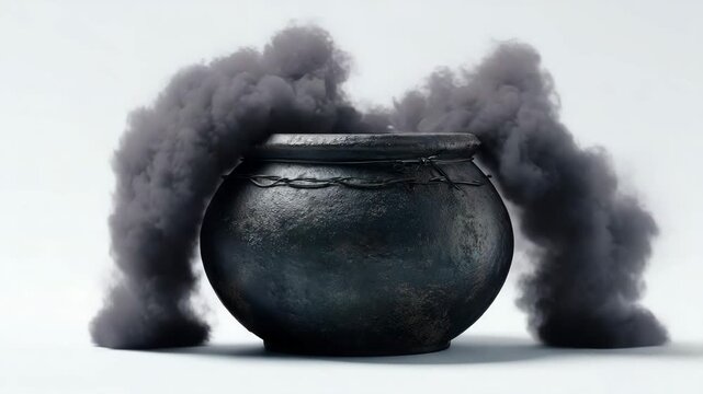 A large black cauldron with smoke coming out of it on white background