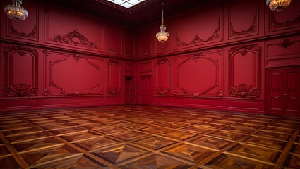 A strikingly opulent red room with elaborate moldings and sunlit wooden parquet floor.