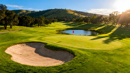 Scenic view of manicured green golf course putting green with sand bunker and small pond featuring red flag against backdrop of rolling sunlit hills