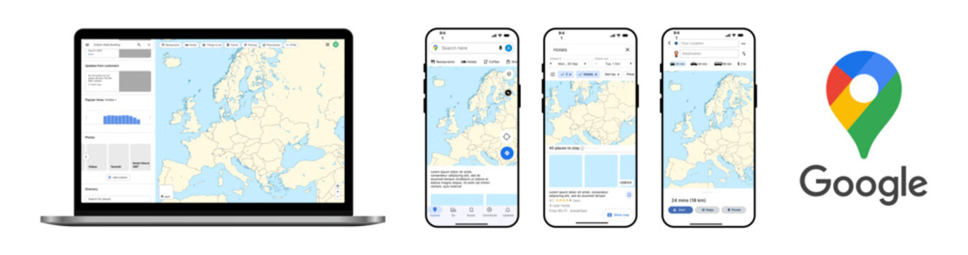 Google Maps navigation interface on mobile and desktop devices
Google Maps location search, route planning and map reading UI mockup