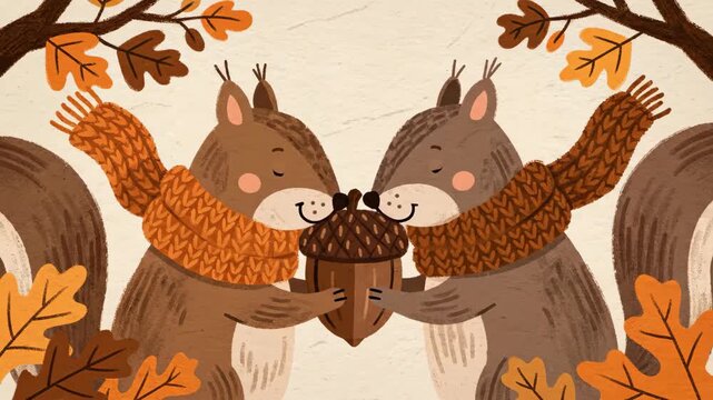 A charming digital illustration of two cute squirrels in cozy orange scarves sharing an acorn, framed by warm brown autumn leaves, capturing a friendly, cozy mood.