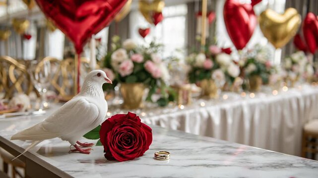 4k video of a white dove with a rose and wedding rings at the wedding event.
