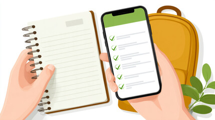 Back to school preparation concept with students using notebook and smartphone checklist
