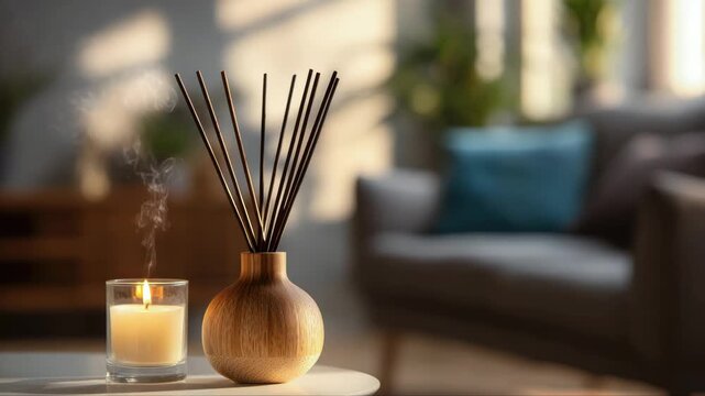 Elegant home decor scene featuring a candle and aroma diffuser on a table, showcasing warm lighting and inviting ambiance, camera slowly zooms in for detail