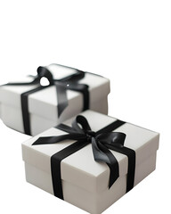 Minimalist white gift boxes with black ribbons, modern monochrome aesthetic, luxury branding style. 