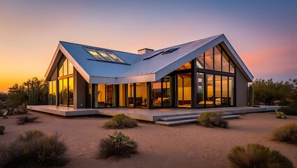 Modern architectural masterpiece with expansive glass facades overlooking a lush green garden.