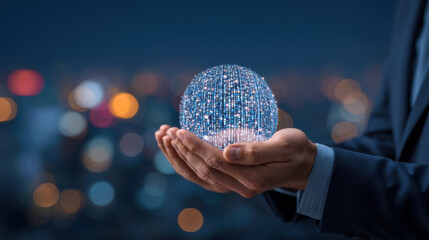 Hands holding glowing digital globe of data lights conveying connection and innovation