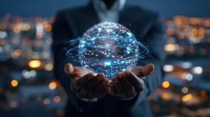 Businessman holding glowing digital globe of connected data points and light trails, futuristic and inspiring