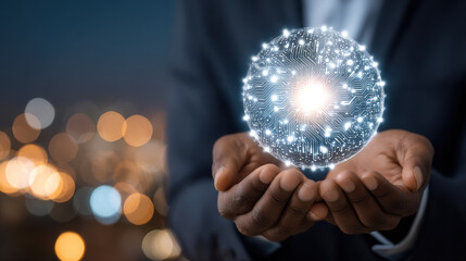 Digital globe circuit sphere held in hands glowing with light and bokeh city lights