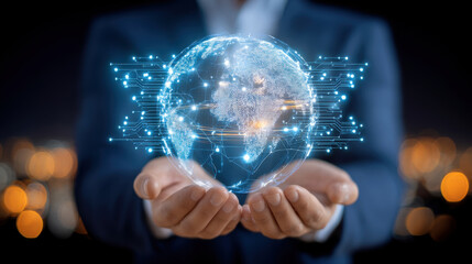 Digital globe hologram held in hands glowing with network connections and data flow, futuristic business concept