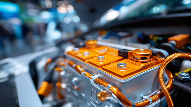High-voltage lithium-ion battery pack for electric vehicles, detailed close-up view, power storage, automotive technology, energy system, with copy space
