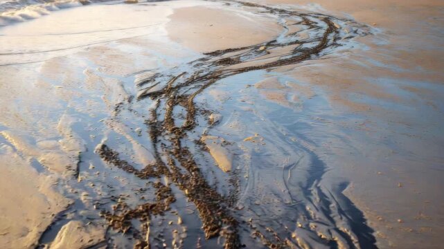 Traces of movement across wet sand, showcasing intricate patterns and textures, as the camera smoothly pans to reveal the scene's evolving details and natural beauty