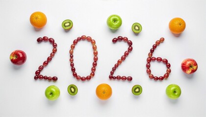 Creative food art arrangement of the numbers 2026, composed of grapes, apples, kiwis, and oranges. A fun and healthy concept for the year 2026!