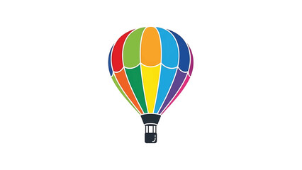 Fototapeta premium A colorful hot air balloon with rainbow stripes and a dark basket, isolated on a white background