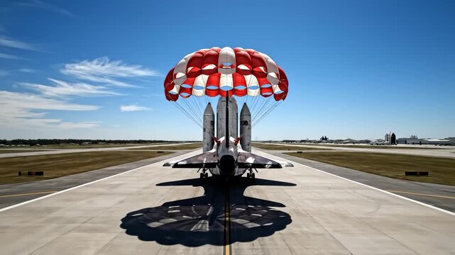 Dream Chaser Spaceplane Landing With Parachute on Runway, Rear View