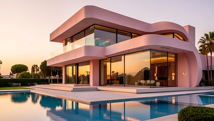 Luxury pink desert villa with a unique architectural design overlooking vast sand dunes.