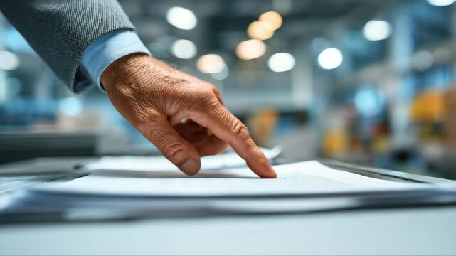 Close-up of a businessman's hand gently tracing documents on a desk, showcasing meticulous attention to detail, camera zooms in to emphasize focus on paperwork