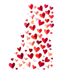 Paper heart confetti arranged diagonally, dynamic layout, modern celebration aesthetic, isolated on white background. 