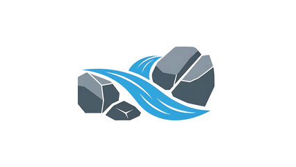 Abstract graphic featuring stylized grey rocks and a flowing blue wave on a white background