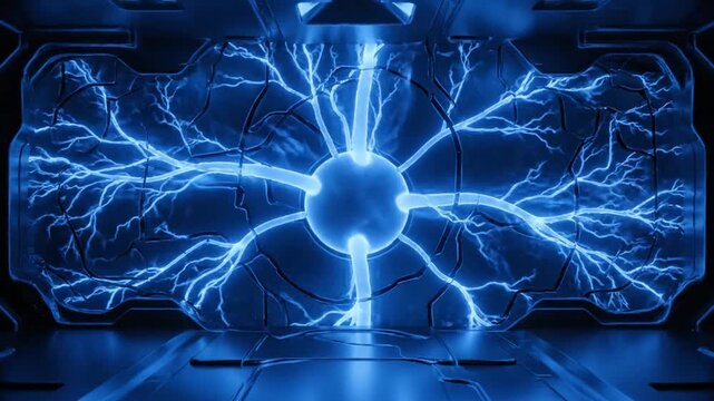 A futuristic laboratory with a glowing blue Tesla coil in a video demonstration