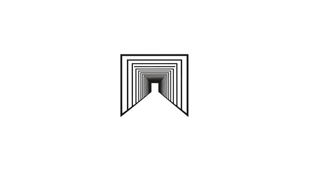 Abstract graphic featuring black concentric rectangular frames creating an illusion of an infinitely receding tunnel on white