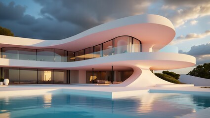 Luxury pink desert villa with a unique architectural design overlooking vast sand dunes.