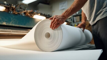 Skilled artisan carefully unrolling a large roll of pristine white paper in a workshop, showcasing the meticulous process of preparation, camera zooms in for detail