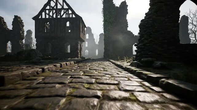 A video showcasing a serene and peaceful abandoned stone pathway in an old ruin. use as multipurpose tittle intro, gaming background. product mockup. motion graphics background