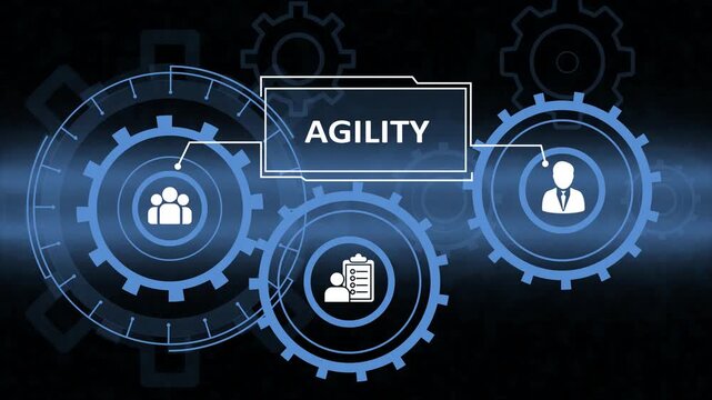 video showcasing business agility concepts with gear icons and teamwork symbols. Business, Technology, Internet and network concept.