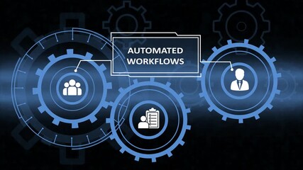 Animation showcasing a automated workflows digital interface with gears and icons on a black background. Business, Technology, Internet and network concept. - Powered by Adobe