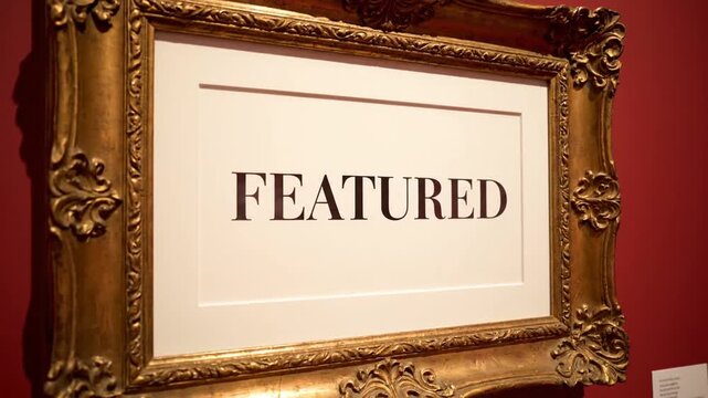A large gold picture frame with the word FEATURED on a red wall in a video
