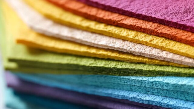 Vibrant stack of textured paper sheets in various colors, showcasing a gradual zoom in on the intricate details and layers of the materials, highlighting artistic potential