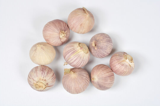 A group of round single-clove garlic bulbs or pearl garlic is scattered on a plain white background
