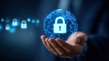 Hand holding glowing digital globe with lock icon signaling cybersecurity protection and data privacy